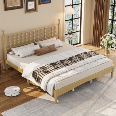 King Size Wood Platform Bed with Gourd-Shaped Headboard, Sturdy Bed Frame for Classic or Eclectic Décor, 84.5'' L x 79'' W x 45'' H, Natural
