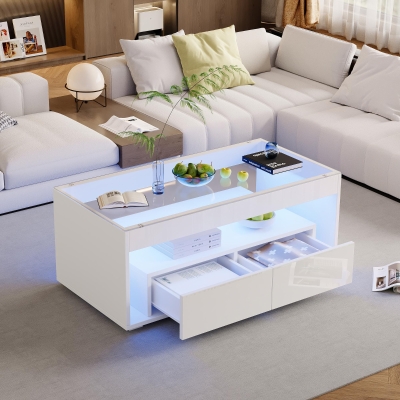 High-Gloss Coffee Table with App-Controlled RGB LED Strip, Spacious Center Table with Open Double-Layer Storage, 39.5" L x 19.5" W x 15.5" H, White