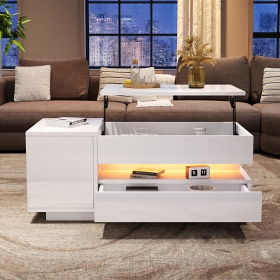 Height-Adjustable Coffee Table with App-Controlled RGB LED Lighting, Modern Center Table with Hidden Storage, 37.5" L x 19.5" W x 15.5" H, White