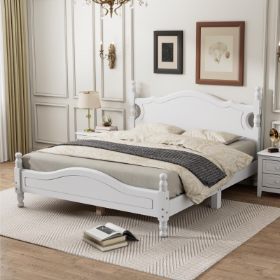 Queen Size Wood Platform Bed with Retro Headboard and 10 Slats, White Wood-Finished Bed Frame with Plywood, 85'' L x 62.5'' W x 39.5'' H, White