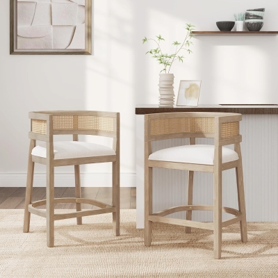 Rattan Upholstered Arm Counter Stools with U‑shaped backrest, Kitchen Island Stools with Foam Seat, 21'' L x 21'' W x 33.5'' H, Beige+Natural Ash