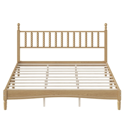 King Size Wood Platform Bed with Gourd-Shaped Headboard, Sturdy Bed Frame for Classic or Eclectic Décor, 84.5'' L x 79'' W x 45'' H, Natural