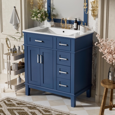 Free-Standing Bathroom Vanity with Ceramic Undermount/Drop-In Sink, Modern Storage Cabinet for Small Condos, 30'' L x 18'' W x 34'' H, Navy Blue