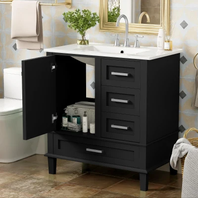 Modern Bathroom Vanity Sink Combo with Solid Wood Frame, Free-Standing Cabinet for Contemporary Bathrooms, 30'' L x 18.5'' W x 34'' H, Black