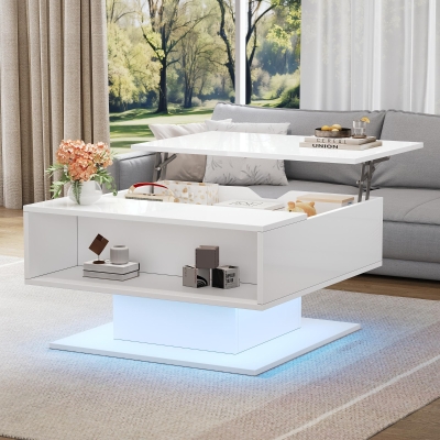 Hydraulic Lift Coffee Table with App-Controlled LED Lighting, Versatile Center Table with Hidden Storage, 29.5" L x 31.5" W x 21" H, White