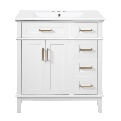 Solid Bathroom Vanity with Ceramic Undermount/Drop-In Sink, Modern Storage Cabinet for Compact Washrooms, 30'' L x 18'' W x 34'' H, White