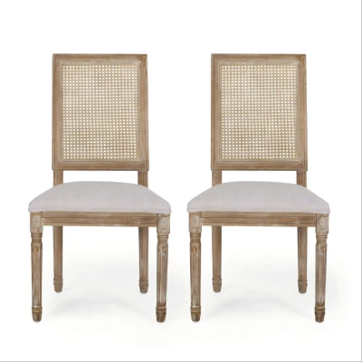 Set of 2 Dining Chairs with Rectangular Cane Backrest and Fluted Legs, Vintage Dining Seating with Rubberwood Frame, 20'' L x 22'' W x 39.5'' H, Beige