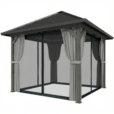Outsunny 10' x 10' Hardtop Gazebo with Galvanized Steel Roof, Permanent Garden Gazebo with Netting and Curtains