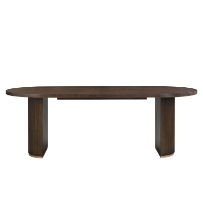 Oval Double Pedestal Dining Table with Semi-Cylindrical Pedestal Bases, Walnut Wood Kitchen Table Vertical Grooves, 88'' L x 40'' W x 30'' H, Walnut