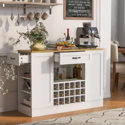 Modern Wine Bar Cabinet with Built-In Power Outlet, Versatile Sideboard with Adjustable Shelves, 47" L x 15.5" W x 34" H, White+Natural