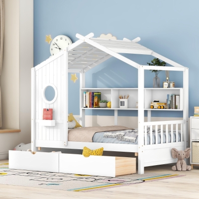 Kids Twin Size House Bed with 2 Storage Drawers and Rear Shelf, House-Style Kids Bed Frame with Plywood and MDF, 78'' L x 42.5'' W x 72'' H, White