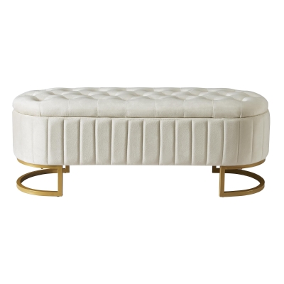 Upholstered Velvet Storage Ottoman Bench with Metal Legs, Button-Tufted Storage Bench with MDF Frame, 47'' L x 15.5'' W x 16.5'' H, Beige