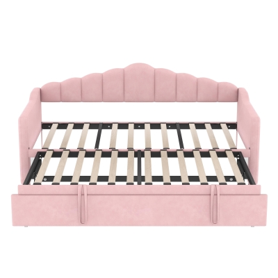 Twin-Size Upholstered Daybed with Height-Adjustable Pop-Up Trundle, Space-Saving Trundle Bed with 2 Side Pockets, 82.5'' L x 41'' W x 40'' H, Pink