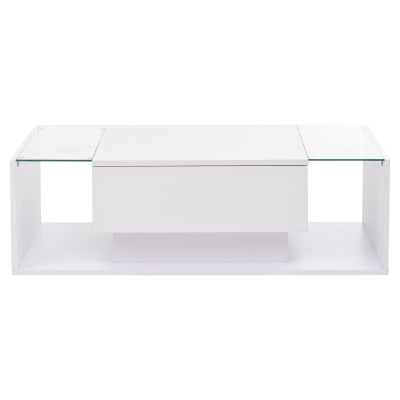 High-Gloss Coffee Table with Tempered Glass Storage, Compact Center Table with Semi-Open Shelf, 39.5″ L x 19.5″ W x 12″ H, White