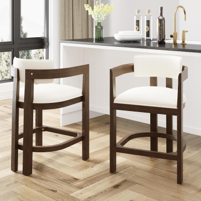 Counter-Height Bar Stools with Curved Solid-Wood Backrest, Upholstered Kitchen Stools with Wooden Legs, 22.5'' L x 24'' W x 36'' H, Beige+Walnut