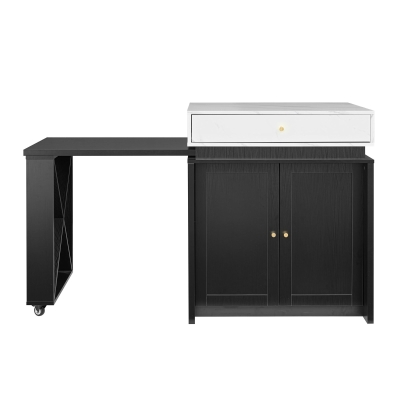 Modern Bar Table with 4-in-1 Extendable Pull-Out Table and Lockable Wheels, Kitchen Island with Adjustable Shelf, 82.5" L x 32.5" W x 28" H, Black