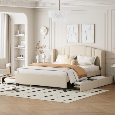 Upholstered Queen Platform Bed with Wingback Headboard and 2 Storage Drawers, Multi-Functional Bed Frame with Wood Slat, 86'' L x 65'' W x 43'' H, Beige
