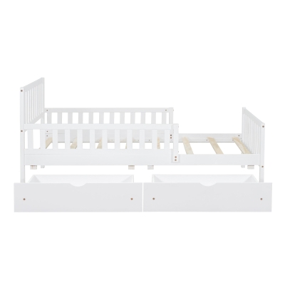 Twin Wood Platform Bed with 2 Under-Bed Storage Drawers, Solid Bed Frame for Children or Restless Sleepers, 77.5'' L x 42'' W x 34.5'' H, White