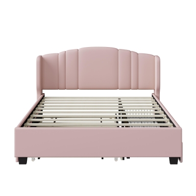 Upholstered Platform Bed with Wingback Headboard and Twin Trundle, Queen Size Bed Frame with Wooden Slat System, 86'' L x 65'' W x 43'' H, Pink