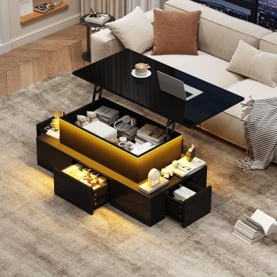 Sleek Lift-Top Coffee Table with Hydraulic Lift and App-Controlled LED Lighting, Versatile Center Table with Hidden Storage, 39.5" L x 19.5" W x 15.5" H, Black