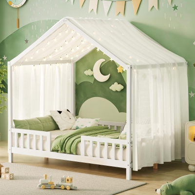 Full-Size Montessori Floor Bed with Canopy and Sturdy Pine, House-Style Platform Bed for Kids' Rooms, 78.5'' L x 56.5'' W x 78'' H, White