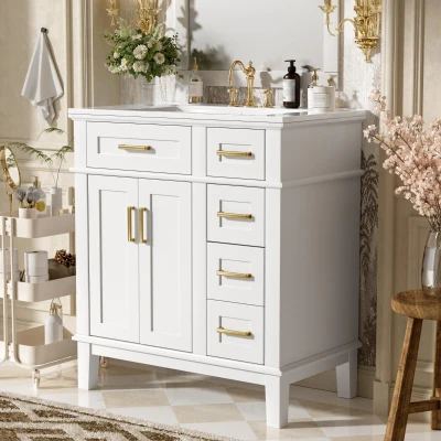 Solid Bathroom Vanity with Ceramic Undermount/Drop-In Sink, Modern Storage Cabinet for Compact Washrooms, 30'' L x 18'' W x 34'' H, White