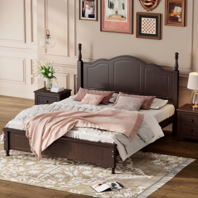Queen Size Wood Bed with 10 Plywood Slats and Retro-Style Headboard, Modern Platform Bed with Warm Wood Finish, 85'' L x 62.5'' W x 43.5'' H, Walnut
