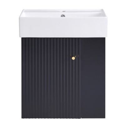 Modern Floating Bathroom Vanity with Ceramic Basin and Right Side Storage, Cabinet with Gold Handle, 21.5" L x 12" W x 26.5" H, Black+White