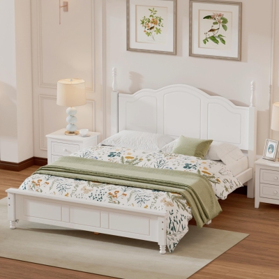 Queen Size Platform Bed with Wooden Slat Support and Solid Pine, Modern Wood Bed Frame with MDF Construction, 85'' L x 62.5'' W x 43.5'' H, White