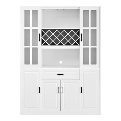 Tall Wine Cabinet with Wine Rack and Stemware Holder, 4-Door Storage Cabinet with Semi-Open Shelf, 52" L x 15.5" W x 74" H, White