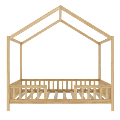 Twin House-Style Toddler Bed with Full Guardrails and DIY Canopy Frame, Montessori Floor Bed with Canopy, 78.5'' L x 41.5'' W x 78'' H, Natural