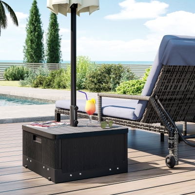 Outsunny 3-in-1 Outdoor Umbrella Base with Wheels, Side Table, Planter Box, 175lbs Heavy Duty Patio Umbrella Stand, Black
