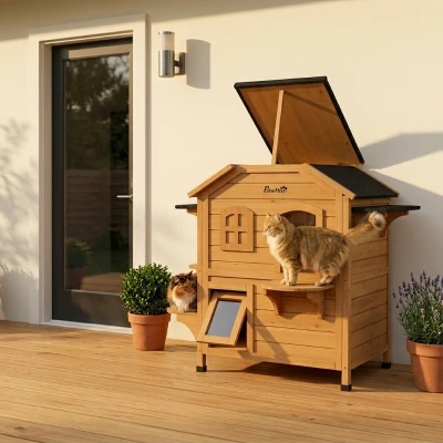 PawHut 2-Story Weatherproof Wooden Cat House, Natural