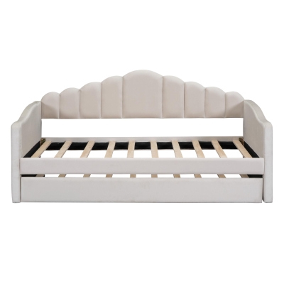 Twin Upholstered Daybed with Trundle and 2 USB Charging Ports, Velvet Sofa Bed with Side Storage Pockets, 80'' L x 42'' W x 40'' H, Beige