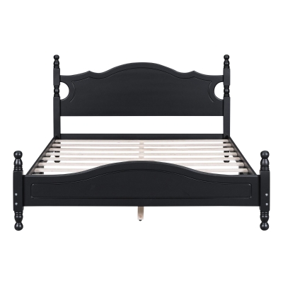 Queen Size Platform Bed with Retro Headboard and 10 Plywood Slats, Durable Bed Frame with Plywood Construction, 85'' L x 62.5'' W x 39.5'' H, Black