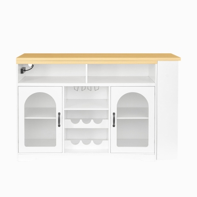 Multifunctional Bar Table with App-Controlled LED Lighting, Stylish Kitchen Island with Extendable Rolling Top, 47" L x 15.5" W x 36.5" H, White+Natural