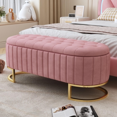 Upholstered Velvet Storage Ottoman with High-Resilience Foam Seat, Button-Tufted Storage Bench with Hidden Storage, 47'' L x 15.5'' W x 16.5'' H, Pink