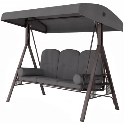 Outsunny Outdoor Patio 3-Person Steel Canopy Cushioned Seat Bench Swing with Included Side Trays & Padded Comfort, Dark Grey