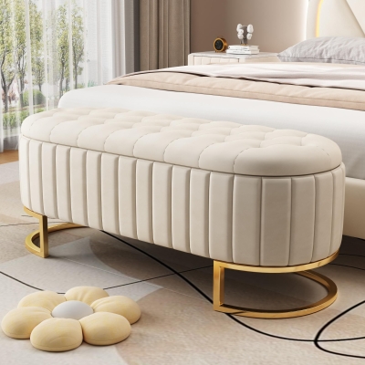 Upholstered Velvet Storage Ottoman Bench with Metal Legs, Button-Tufted Storage Bench with MDF Frame, 47'' L x 15.5'' W x 16.5'' H, Beige
