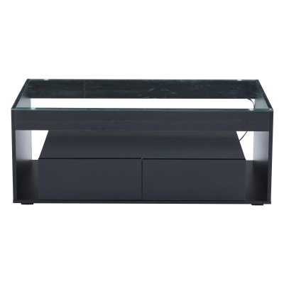 High-Gloss Coffee Table with App-Controlled RGB LED Strip, Spacious Center Table with Open Double-Layer Storage, 39.5" L x 19.5" W x 15.5" H, Black