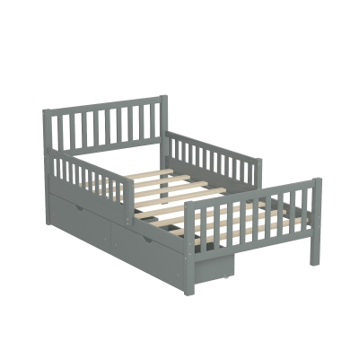 Twin Wood Platform Bed with 8 Slats & 2 Large Under-Bed Drawers, Solid Bed Frame for Children’s Rooms, 77.5'' L x 42'' W x 34.5'' H, Grey
