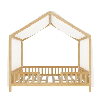 Full-Size Montessori Floor Bed with High Guard Railings, Natural Finish Bed Frame for Kid-Friendly Room, 78.5'' L x 56.5'' W x 78'' H, Natural