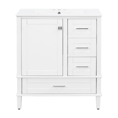 Solid Bathroom Vanity with Single Sink & Built-In Door Shelves, Free-Standing Cabinet with Partitioned Drawer, 30'' L x 18.5'' W x 34'' H, Black