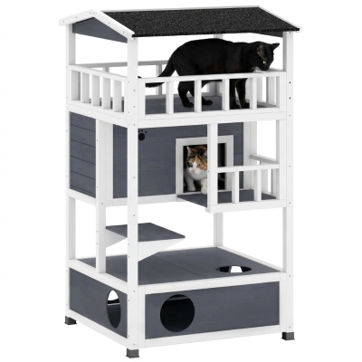 PawHut Wooden Outdoor Cat House, Gray Feral Cat Shelter