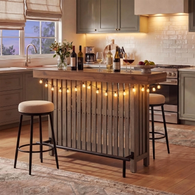 3-In-1 Dining Table with Marble-Grain MDF Top, Space-Saving Bar Table with Metal Footrest, 63" L x 15.5" W x 41" H, Grey