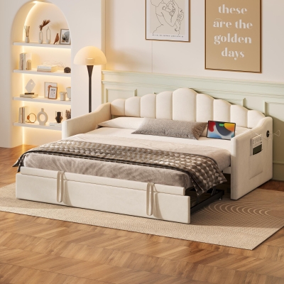 Upholstered Twin Size Daybed with Height-Adjustable Pop-Up Trundle, Lift-Up Trundle Bed with Type-C Charging Port, 82.5'' L x 41'' W x 40'' H, Beige