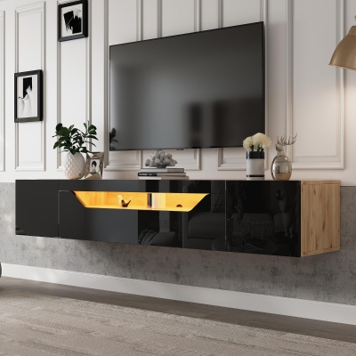 Wall-Mounted TV Cabinet with High-Gloss Front, 3-Tier Storage TV Stand with Fold-Down Flap Door, 65" L x 14.5" W x 14" H, Black+Natural