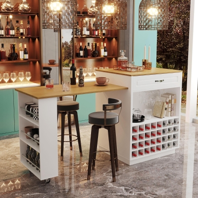 Stylish Mobile Bar Table with Extendable Countertop, Spacious Kitchen Counter with Storage Shelf, 73″ L x 27.5″ W x 41.5″ H, White+Natural