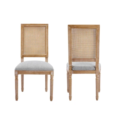 Set for 2 Dining Chair with Rectangular Cane Backrest and Padded Seat, Cane Back Dining Chairs with Fluted Legs, 20'' L x 22'' W x 39.5'' H, Light Grey