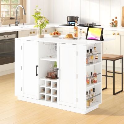 Counter-Height Kitchen Island with Built-In Power Outlet, Versatile Center Island with Wine Stemware Holder, 47" L x 15.5" W x 34.5" H, White